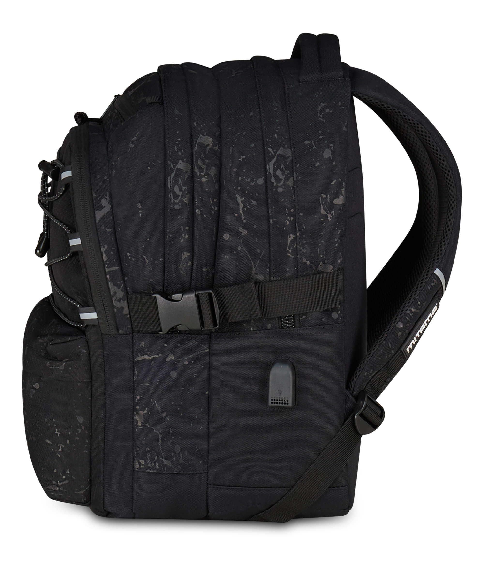 Mitama Zaino Scuola #BDBF BLACK SPLASH, Nero, Zaino Triplo Scomparto, Tasca Porta Borraccia, Porta USB Integrata, Larghezza Regolabile, Zaino Scuola Media e Superiore, Ragazza