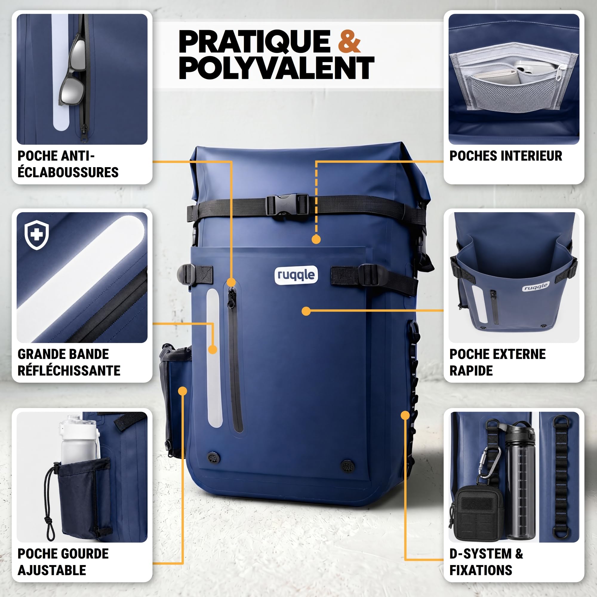 Ruqqle Sac étanche Polyvalent, Waterproof Dry Bag 20/30/45L, 3 Poches externes, Sac à Dos Confort imperméable idéal Voyage Plage Mer Bateau Canoë Paddle Kayak Moto Randonnée Camping Pêche Loisirs