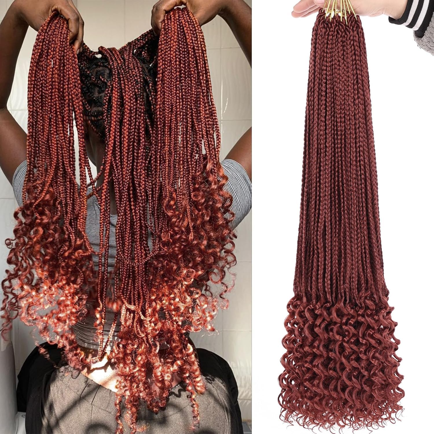 Mscat 24 Inch Goddess Box Braids Crochet Hair with Curly Ends 8 Packs Copper Red Pre-looped 3X Synthetic Boho Box Braiding Hair for Women (15Strands/pack 350#)