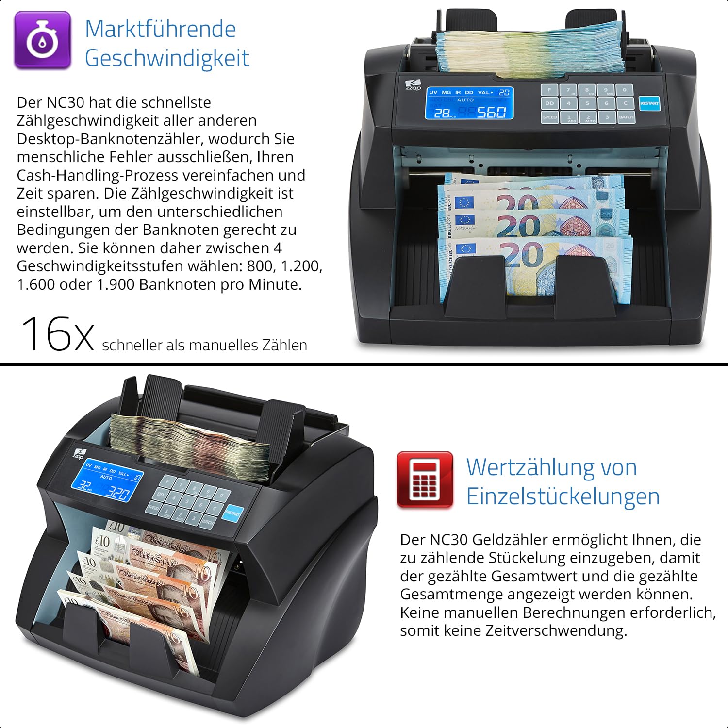 ZZap NC30 Banknotenzähler & Falschgeld-Detektor - Geldzählmaschine Geldzähler Banknotenzählmaschine