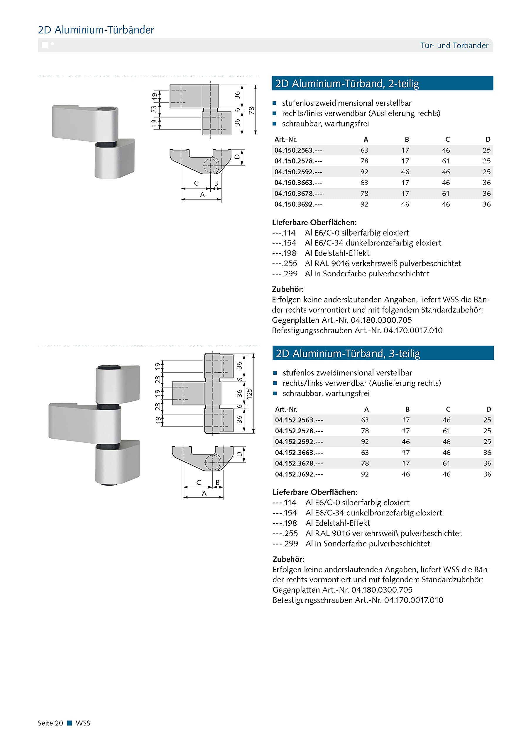 WSS 2D Alu-Türband 2-tlg. Drehpunkt 36/Achse 92 – Art. 04.150.3692.154 | höhen- & seitenverstellbar, Exzenterbuchse ±1,5 mm, E6/C-34 Dunkelbronze