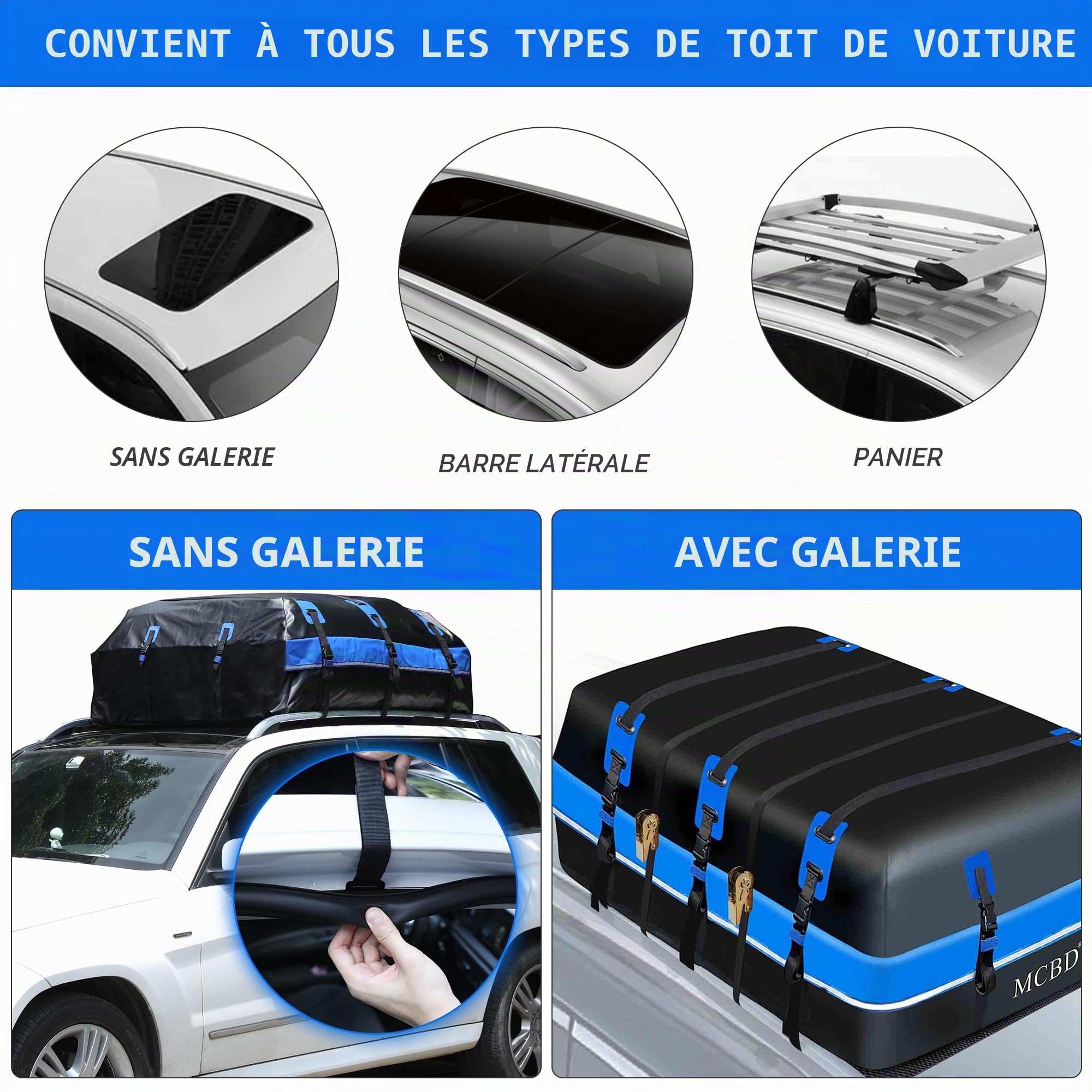 Coffre de Toit Voiture, 1132L Grand Sac de Toit Imperméable avec 2 Sangles à Cliquet 10 Sangles Renforcées 6 Crochets de Porte pour SUV Van avec/sans Barres de Toit, Bleu