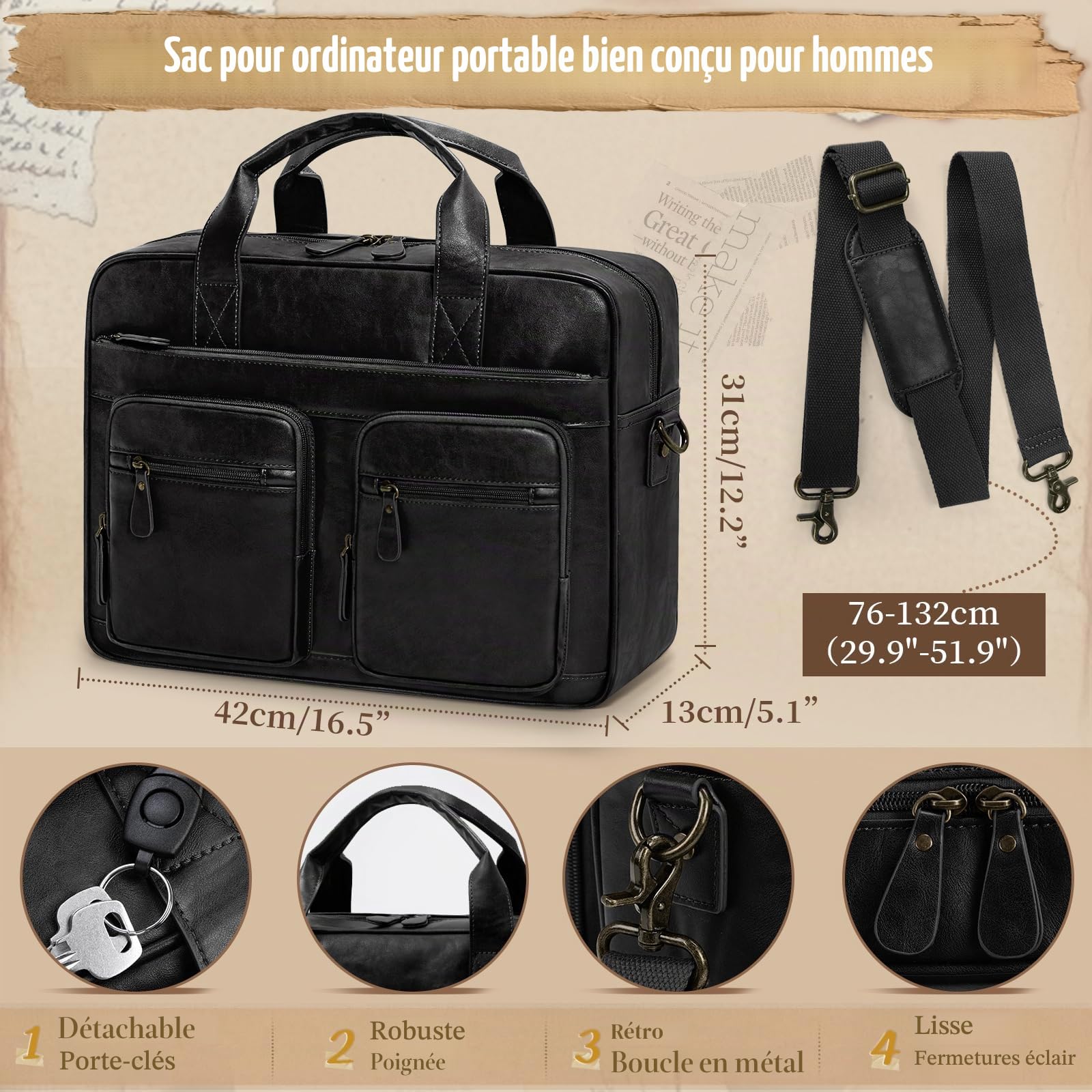 RAINSMORE Sacoche Homme Bandouliere 15.6 Pouces Cuir PU Imperméable Cartable Homme Sac Bandoulière Ordinateur pour Travail Affaires Collège
