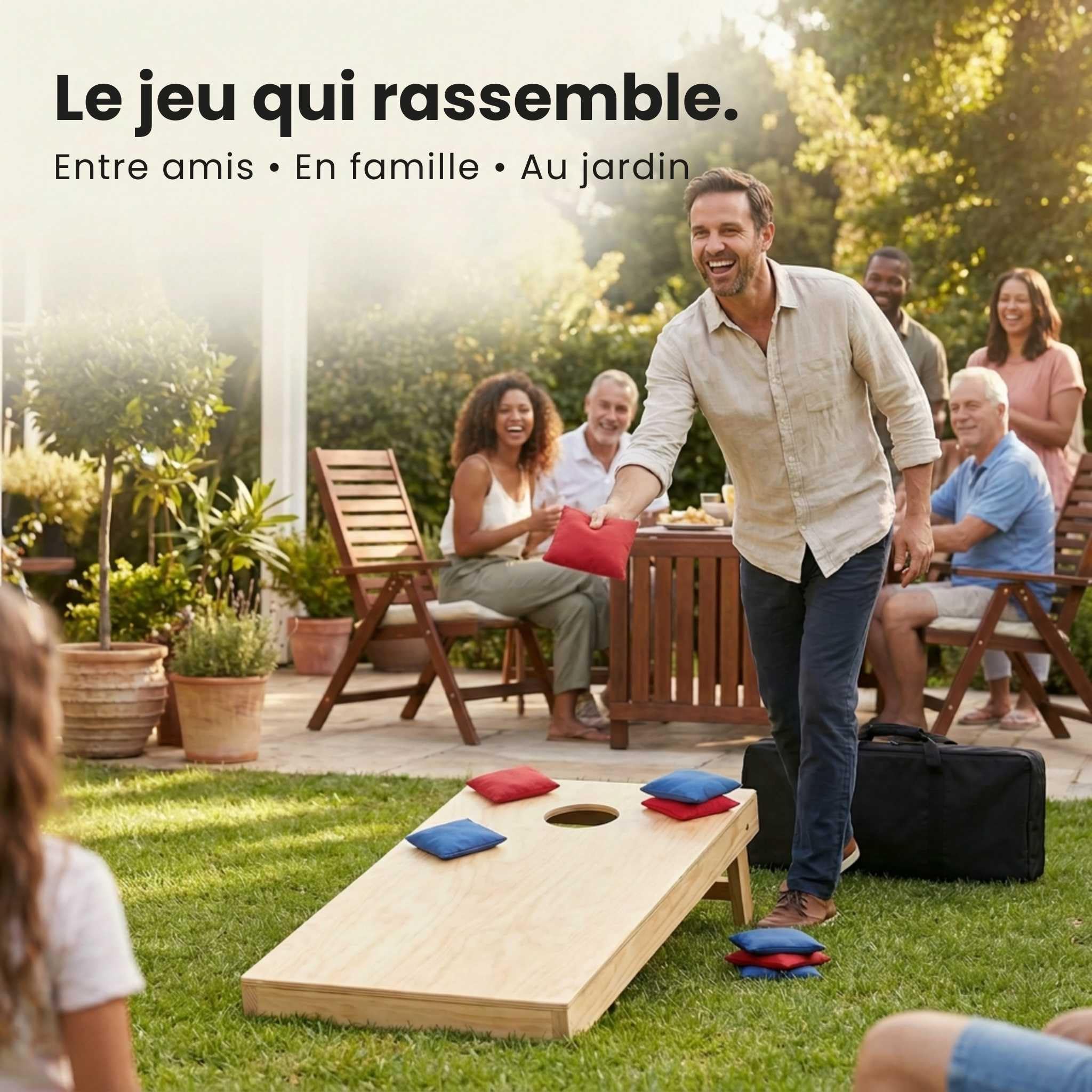 Cornhole - Set Complet Officiel en Bois avec 2 Planches, 8 Sacs & Housse - Jeu de Lancer extérieur pour Adultes & Enfants - Idéal Jardin & Plage