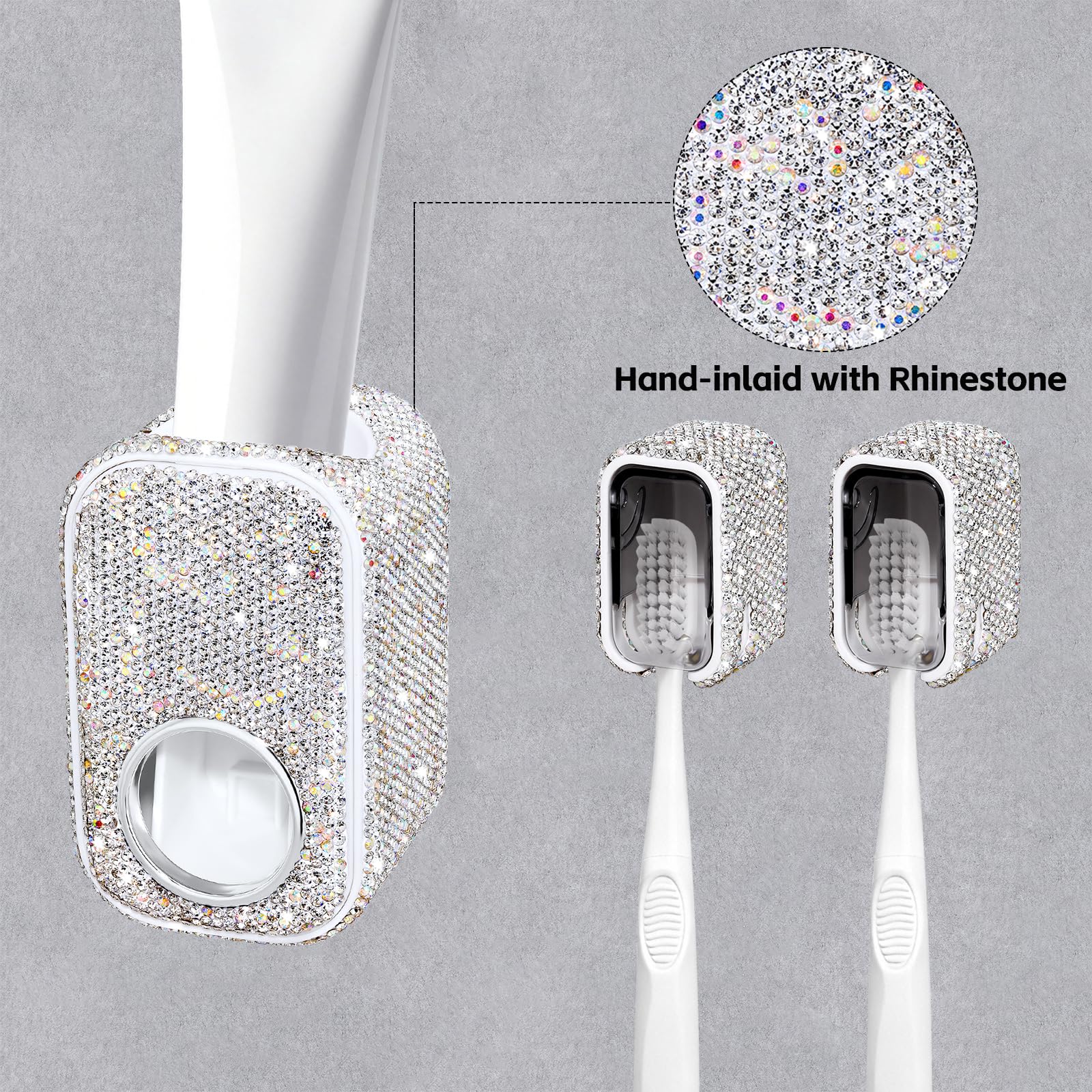 Bling - Juego de soporte automático para cepillo de dientes de pared para baño, diseño innovador de una sola ranura, 2 organizadores de cepillos de dientes brillantes con tapa, dispensador de pasta de