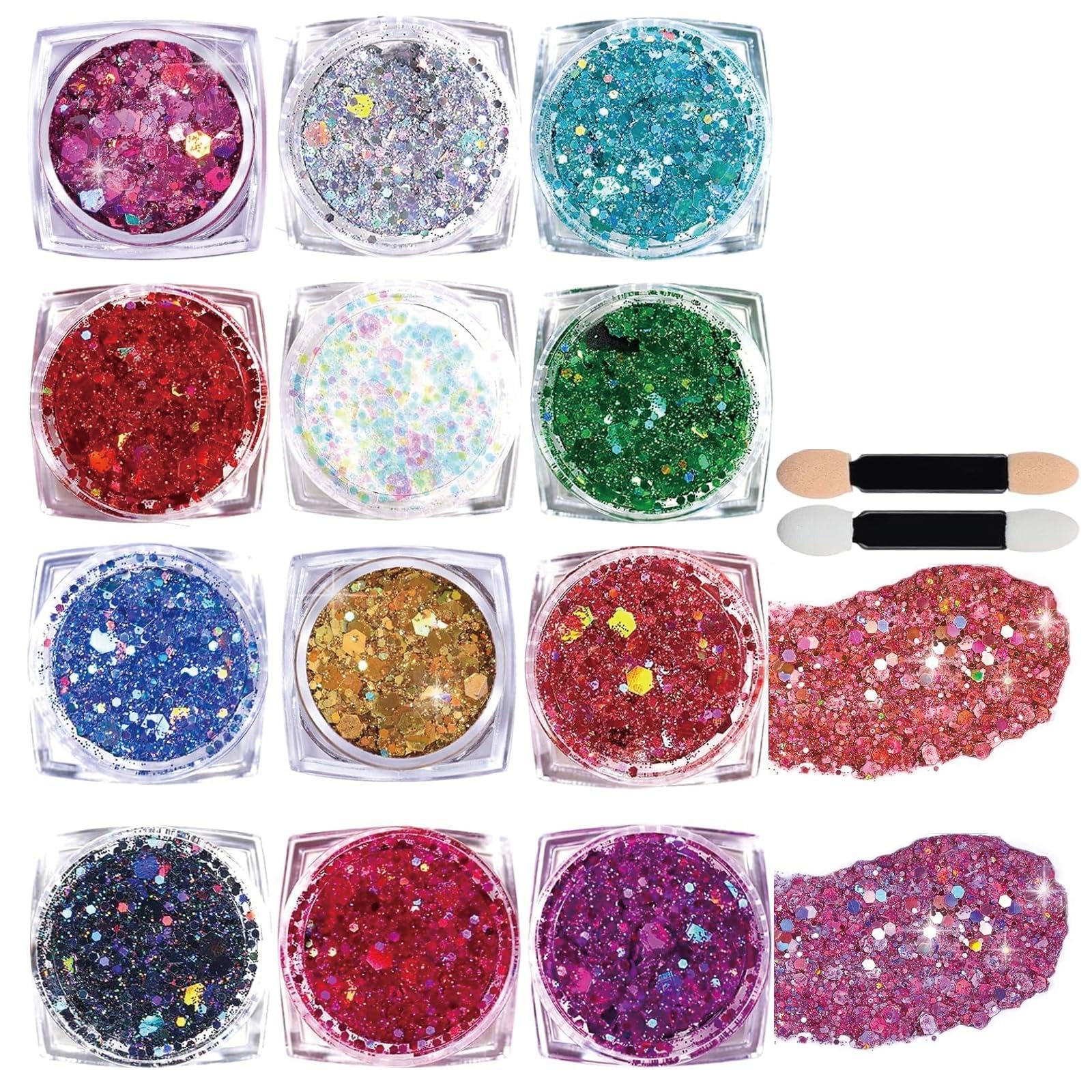 12 Colors Face Glitter for Kids, Hair Glitter Festival Accessories, Face Glitter Festival Glitter Face Paint Set with 2 Applicators, Ideal for Parties and Events