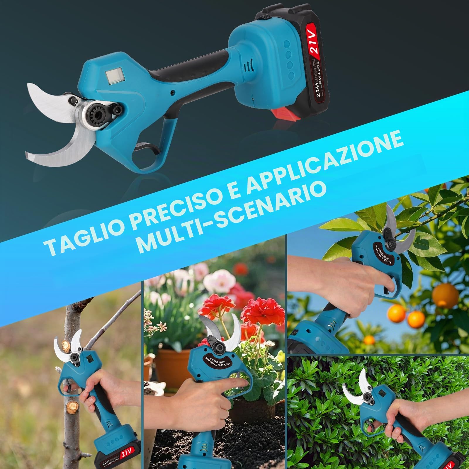 Forbici Potatura a Batteria 40 mm, Cesoia da Potatura Elettrica con Display,Motore Brushless, Lama SK5, 2 Batterie 2.0Ah, per Alberi e Arbusti Giardinaggio e Vigneto