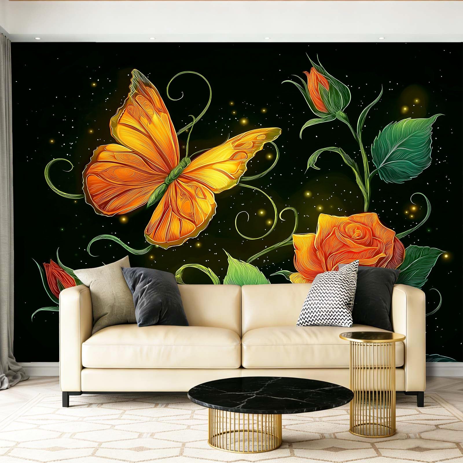 Tapeta z motywem 250 x 175 cm, kreskówkowy motyl fantasy, radosna tapeta z motywem do pokoju dziecięcego i kącika do majsterkowania, pomarańczowo-zielona