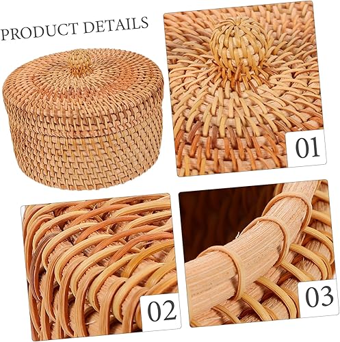 Miniatura 4 de Cesta redonda pequeña de mimbre con tapa, cesta de frutas tejida, cuencos de ratán para pan, bandeja de mimbre, cestas de almacenamiento,