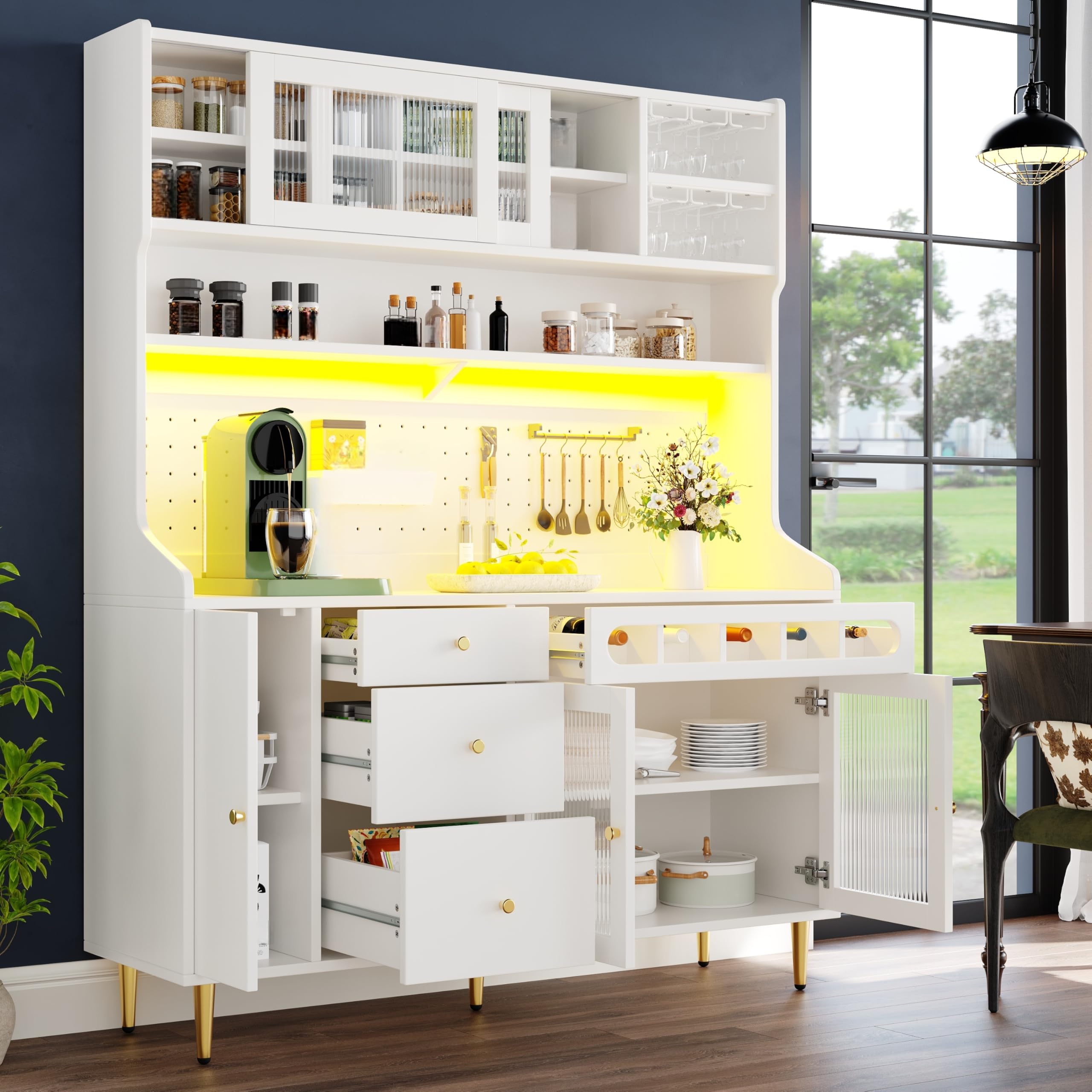 Alacena de Cocina Armario Alto Cocina con Iluminación LED y USB, Mueble Auxiliar de Comedor con Botellero y Cajones, Aparadores Salon, Buffet Comoda, 145x39x171 cm, Blanco