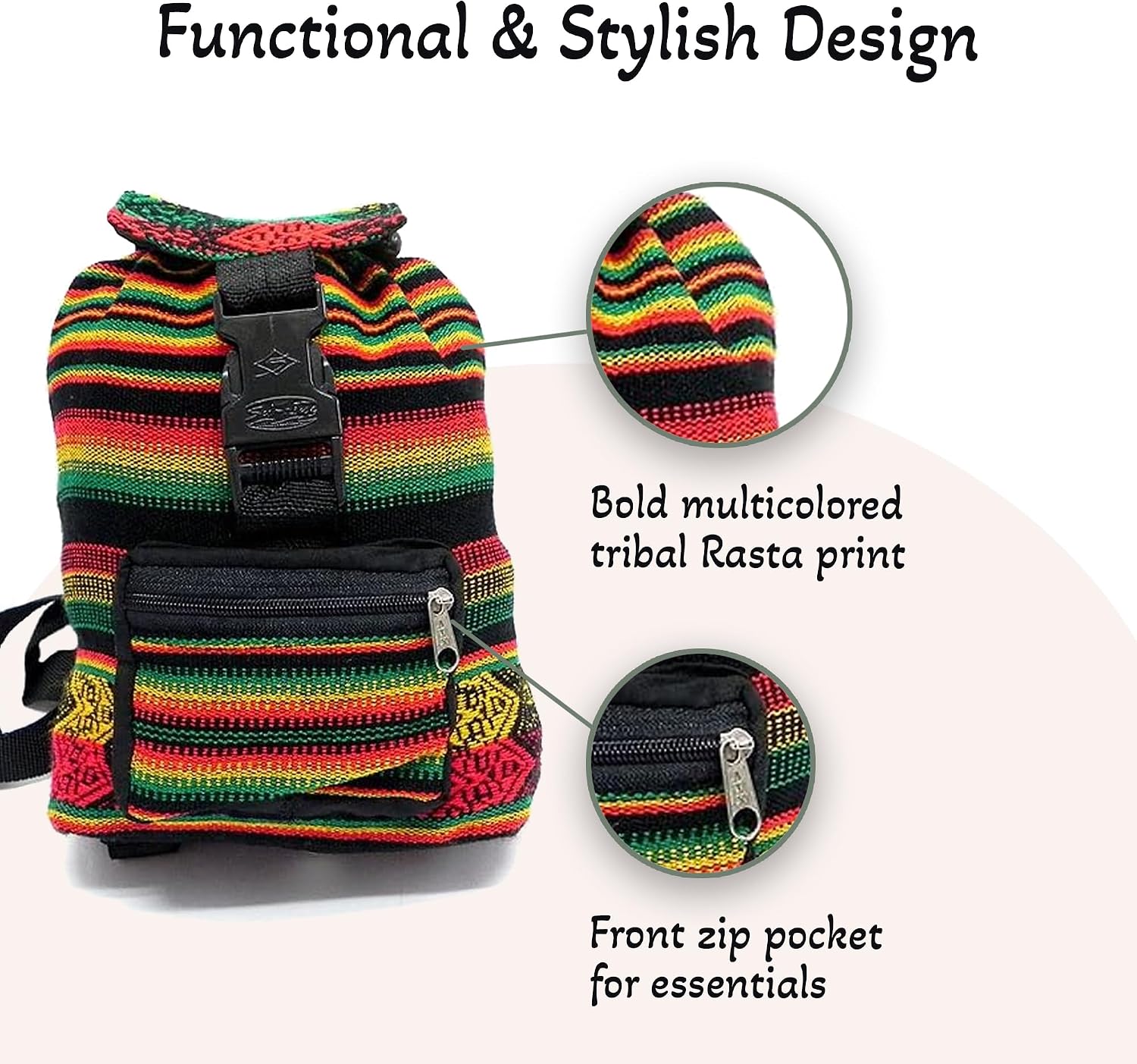 Mia Jewel Shop - Mini Backpack for Women | Peruvian Tribal Print Striped Pattern Lightweight Drawstring Backpack for Men | Daypack Backpacks | Handmade Boho Bag Accessories
