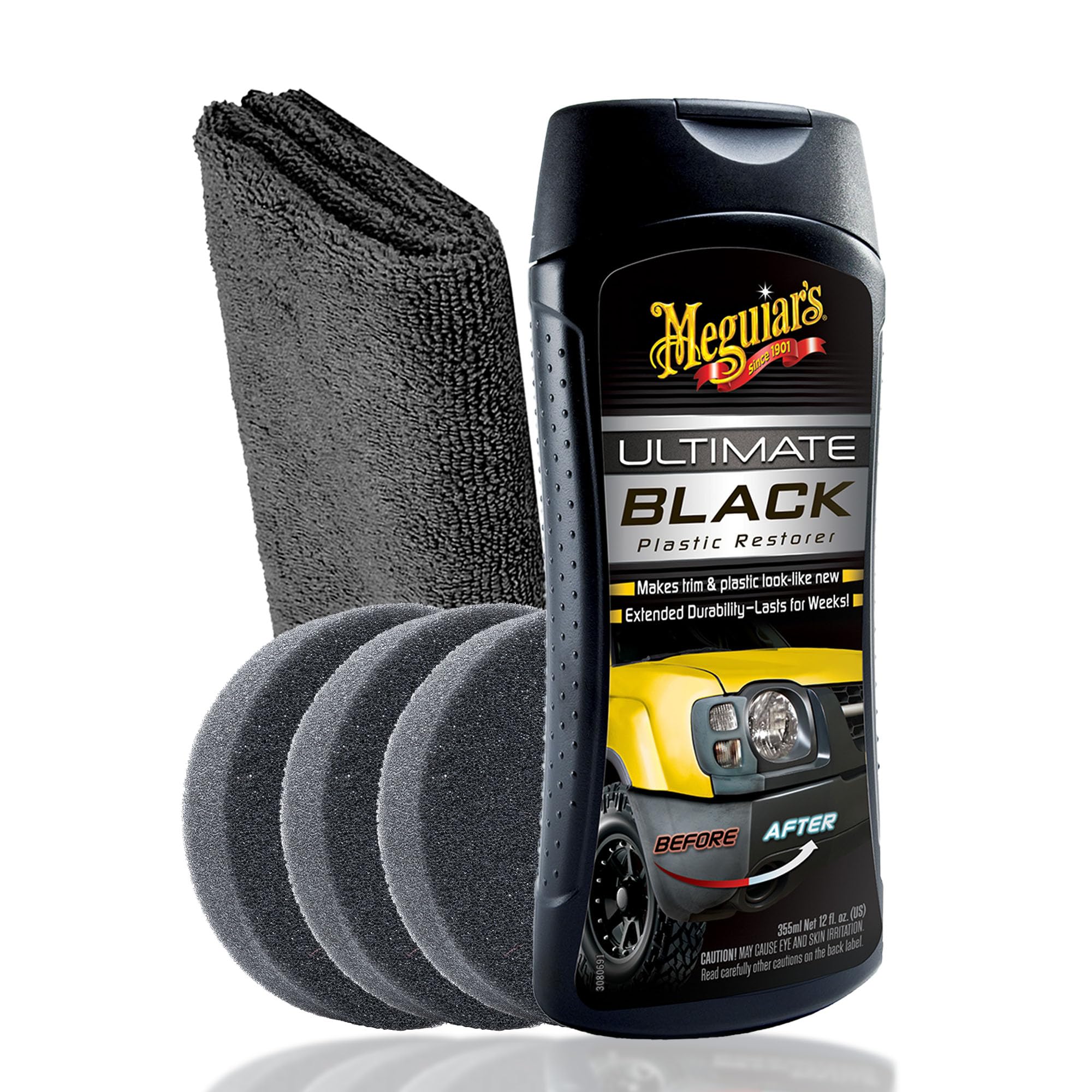 autopflege Auto Kunststoff Auffrischer Set für Innen und Außen | Meguiar's Ultimate Black Plastic Restorer + 3X Applikator Pad + Poliertuch | Kunststoffpflege für neuen Glanz mit UV-Schutz