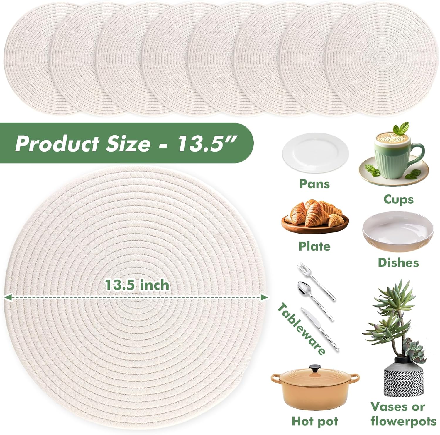Round Woven Placemats Set of 8 Heat Resistant Placemats 13.5 Inches Farmhouse Cotton Rope Place Mats for Dining Tables Trivets for Hot Dishes, White