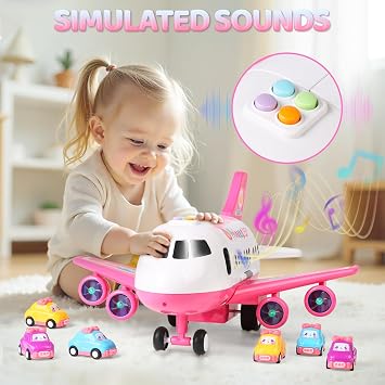 Dwi Dowellin Pink Airplane Toy with 6 Truck Cars and Play Mat,Plane with Lights and Sounds for 3 4 5 6 7 Years Old Toddlers Boys and Girls