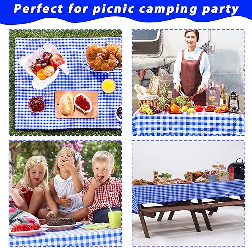 Miniatura 5 de Blue Gingham Checkered Tablecloth Roll 52 in x 100 Ft with Slide Cutter Plastic Table Cloth Roll Blue Gingham Plastic Picnic Party Table Cover for