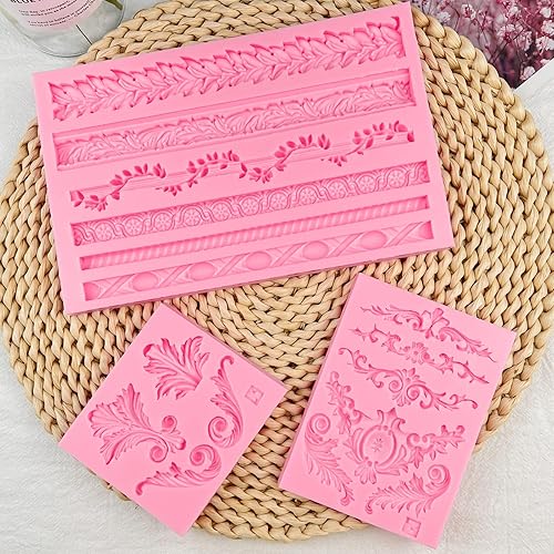 Miniatura 8 de Moldes de fondant barrocos para decoración de pasteles (3 piezas) moldes de silicona con borde de desplazamiento barroco, moldes de caramelo de