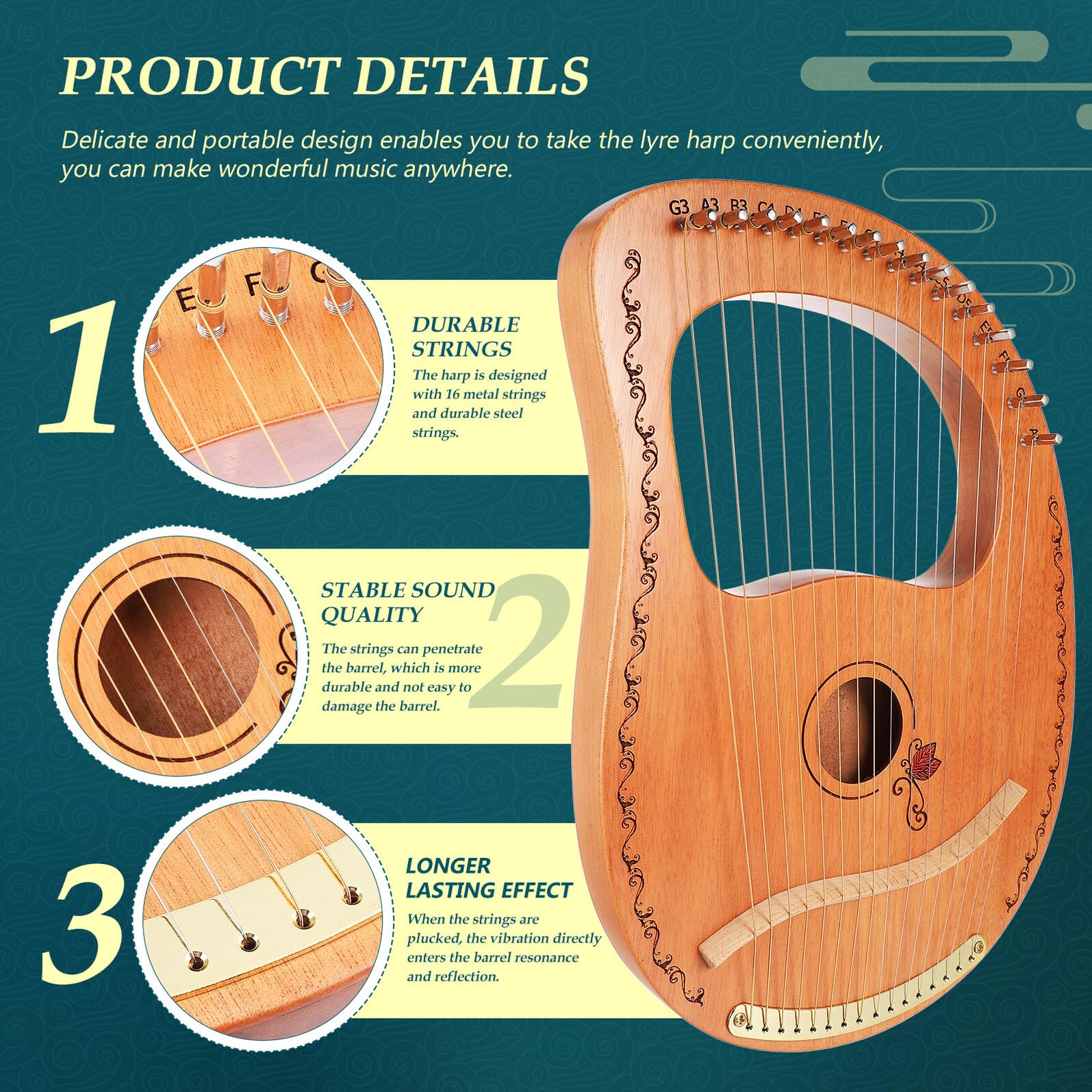 Lyra in Legno Effetto Sustain Prolungato Delicato Strumento Musicale e Superficie Liscia Portatile a 16 Corde per Principianti e Professionisti