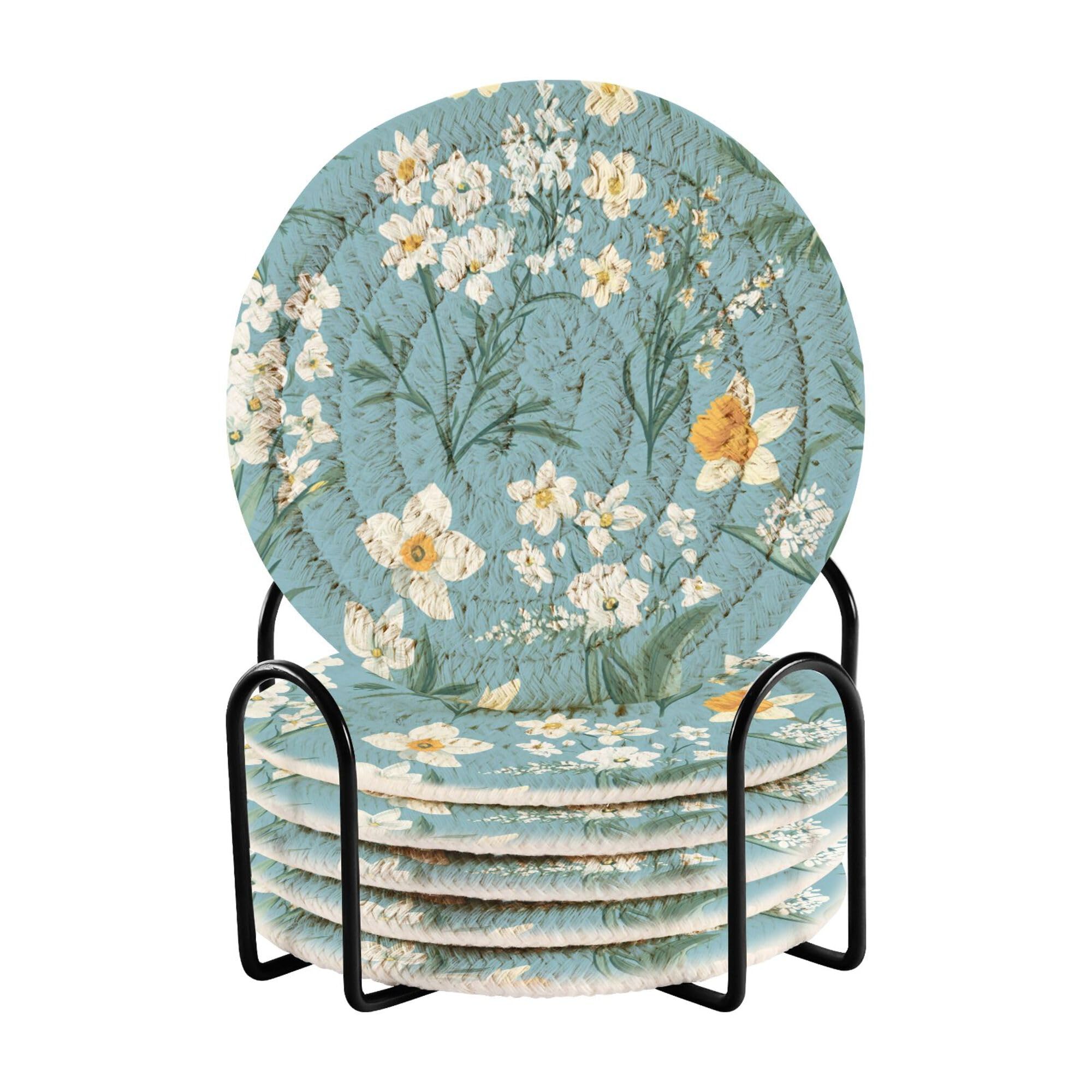 Flowers Daffodils Rosemary Blue Cotton Rope Drink Coasters Set and Holder Set of 6 Absorbant Coasters