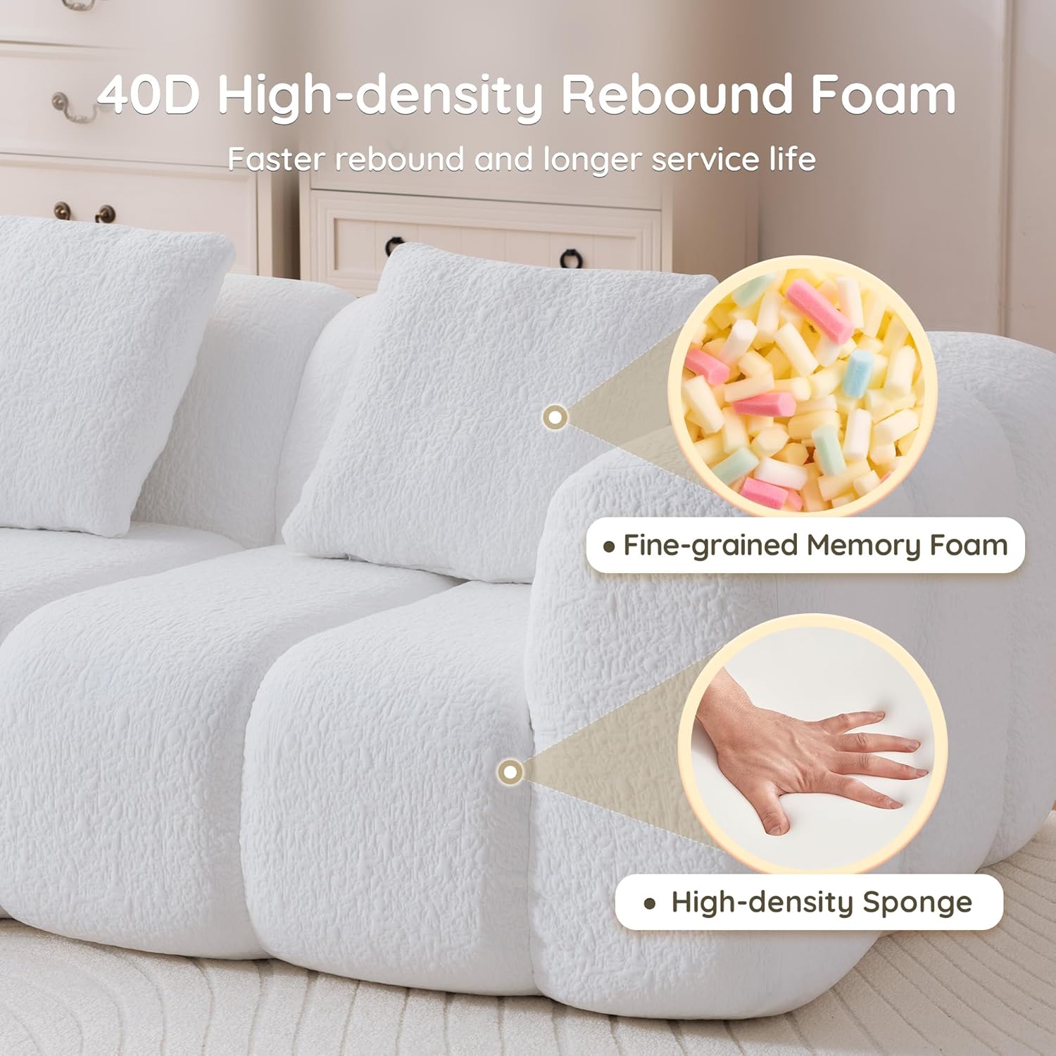 Loveseat Sofa, Comfy Deep Seat Boneless Couch with 2 Pillows, Modern Cloud Couch, Upholstered 3-Seater Boucle Couches for Living Room, Bedroom, Apartment(White)