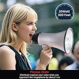 MyMealivos Portable Megaphone Bullhorn 20 Watt Power Megaphone Speaker Voice and Siren/Alarm Modes with Volume Control and Strap (Silver)