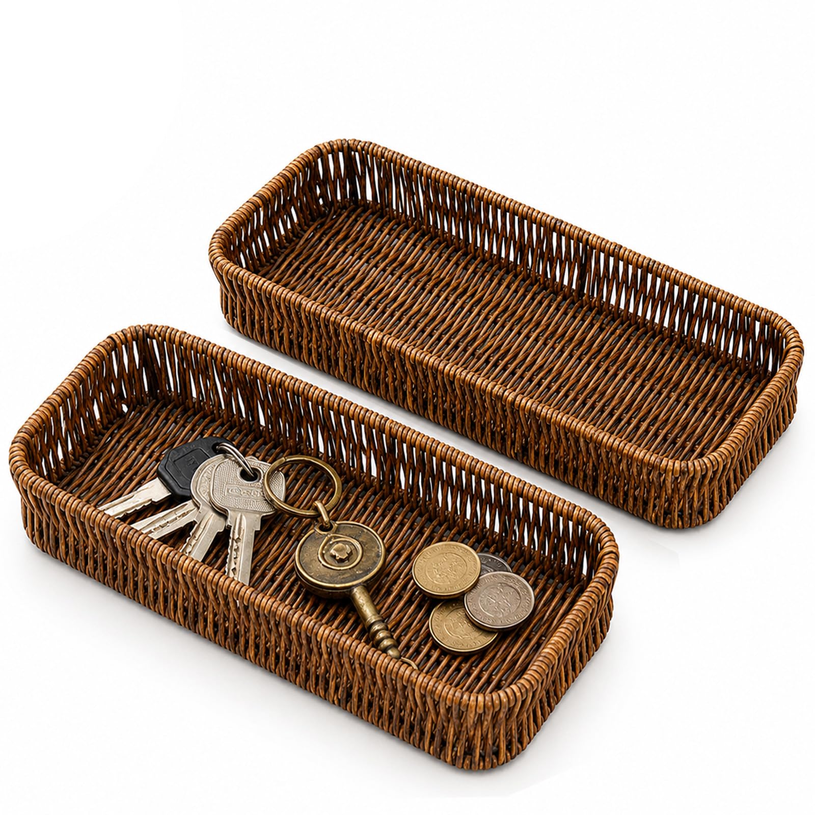 2 Pack Handwoven Bamboo Key Trays, 27 x 10 cm, Dark Finish