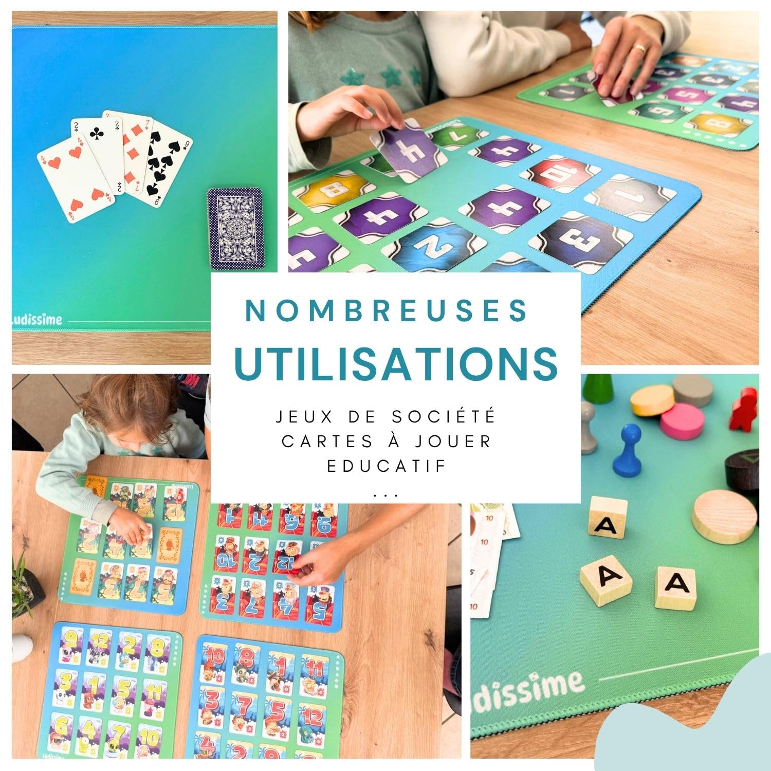 Lot 4 Mini Tapis de Jeux de société 33x33 cm pour Cartes | 4 tapis individuels : 1 par joueur, néoprène antidérapant, format compact pour cartes, famille et voyage