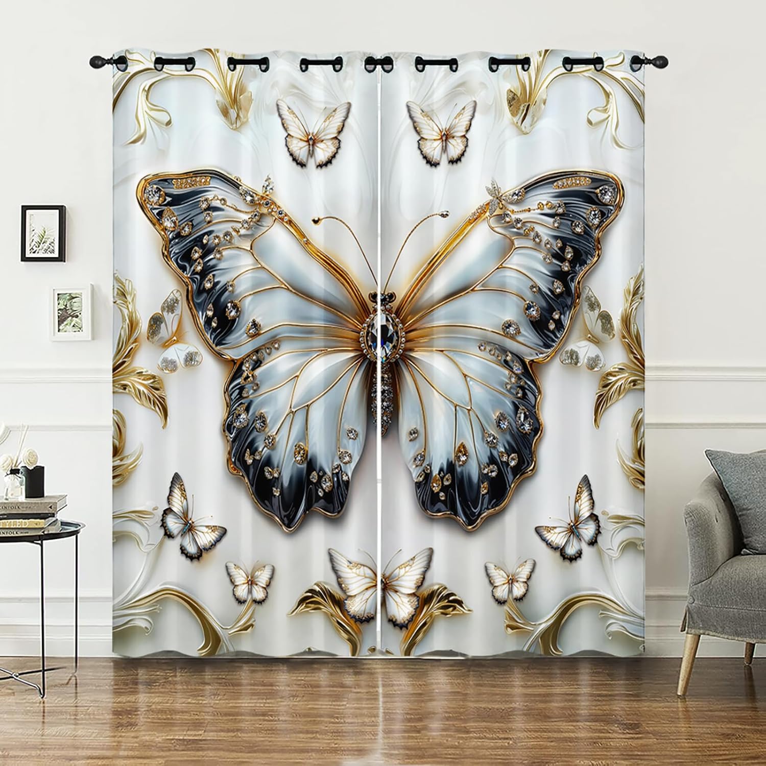 AILONEN Jewel Butterfly Window Drapes,Black and White Butterfly Window Curtain for Girls Women,Chic Vintage Window Treatment Drapes for Room Decor, 42" W x84 H,2 Panels Set