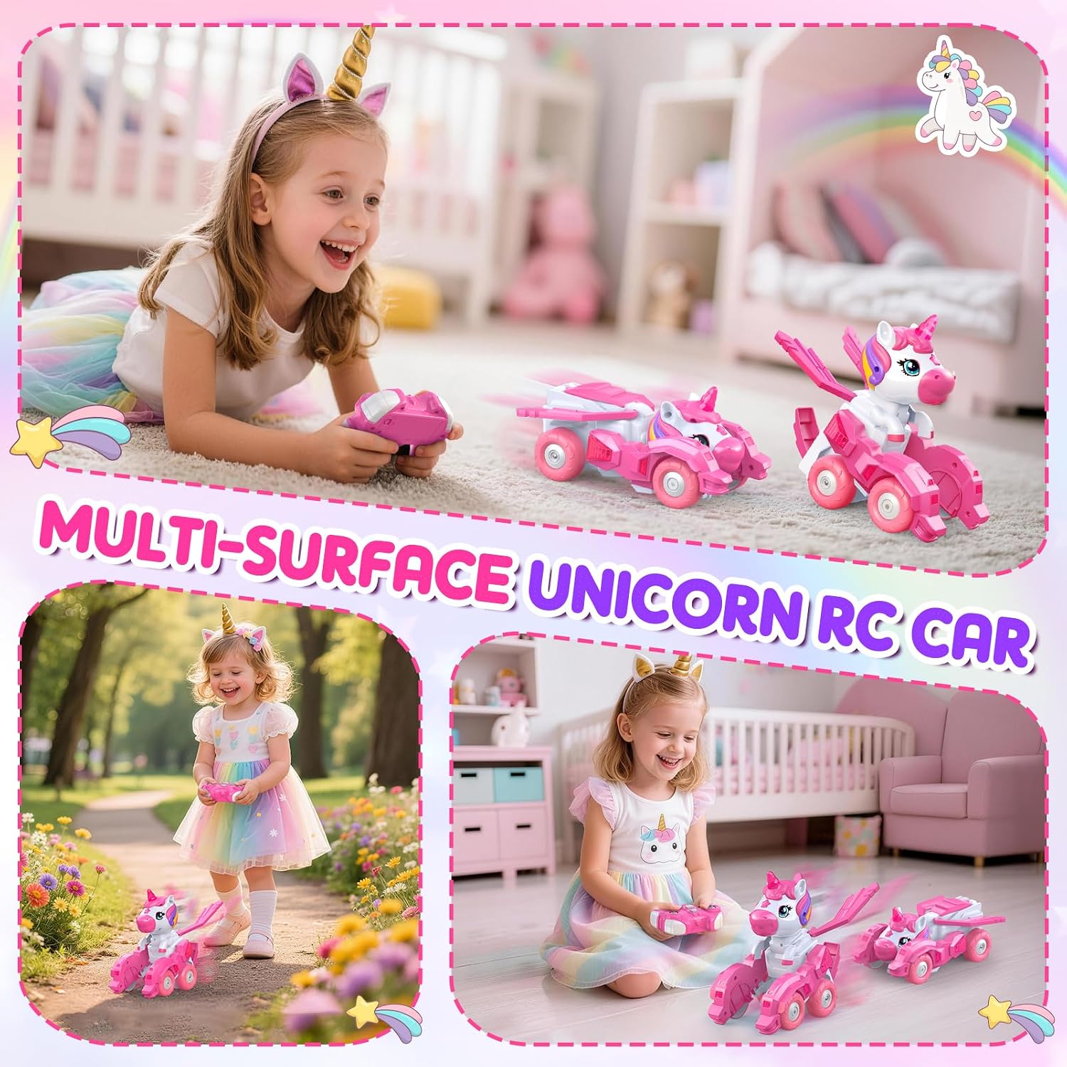 2-in-1 Unicorn RC Car to Walking Unicorn w/Lights, Gift for Girls
