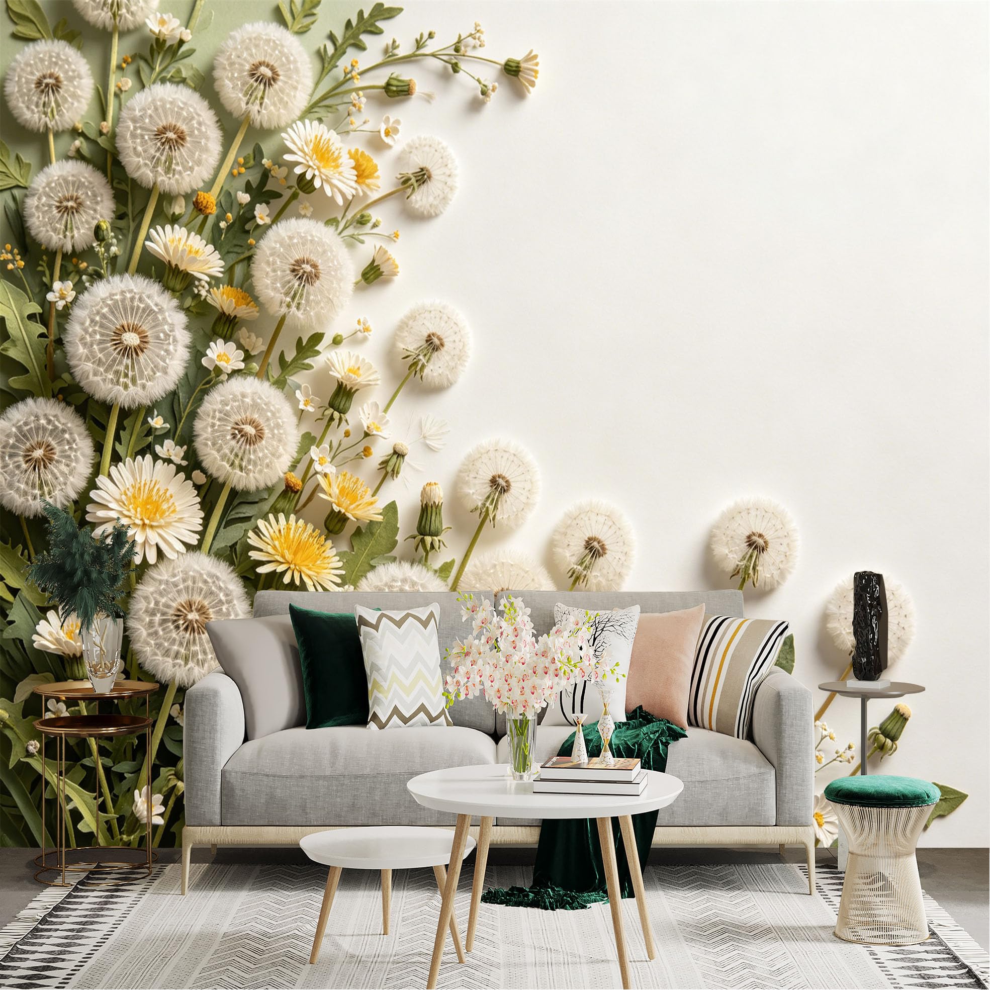 Custom Size Wall Sticker Mural， Fluffy White Dandelion Seeds， Spring Field Flowers， Botanical Nature Aesthetic， Soft Meadow Plants， for wall Decoration， peelandstick wall Decals.