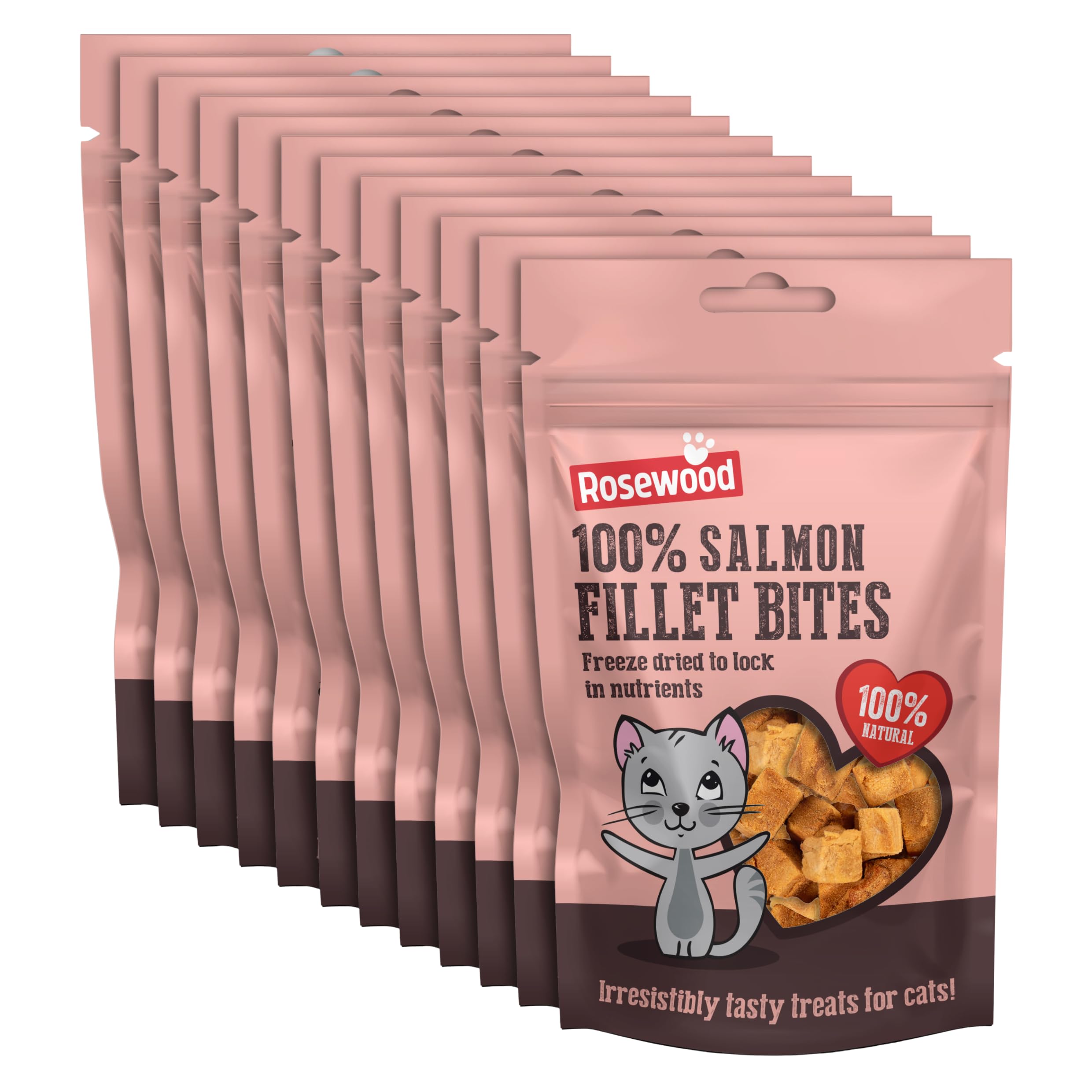 Rosewood Freeze Dried Salmon Bites for Cats - All Natural Salmon Fillet, Small, Bite-Sized Cat Treats, Grain-Free, Natural and Healthy Cat Snacks (Case of 12 x 15g Packs)