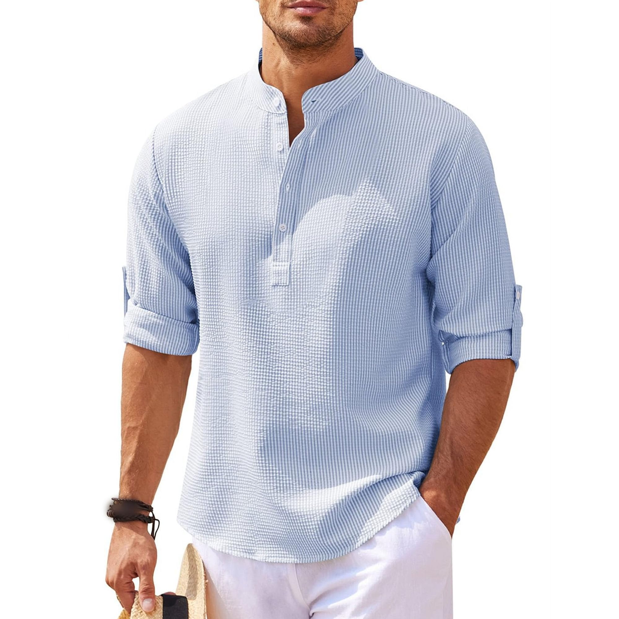 Maiyifu-GJ Men'a Casual Henley Shirts Band Collar Long Sleeve Beach Hippie T Shirts Business Striped Shirts (Large,Baby Blue)