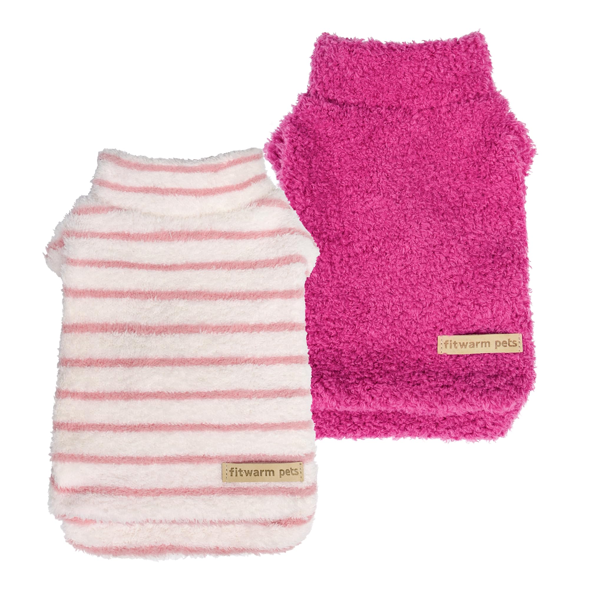 Fitwarm Lot de 2 pulls en polaire rayé pour chien, vêtements d'hiver chauds pour chien de petite taille et fille, tenue à col roulé pelucheux pour animal domestique, pull pour chien, rose, blanc, rose