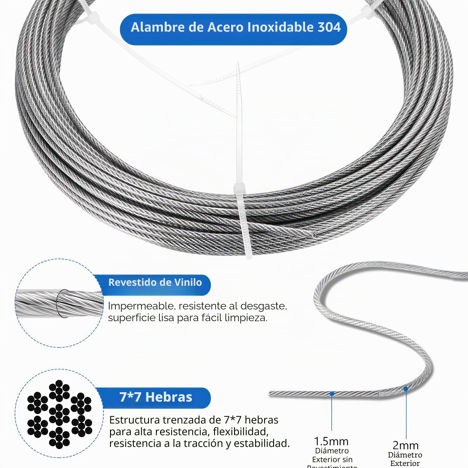 Cable de Acero Inoxidable 2mm x 15m Kit con Tensores para Jardín