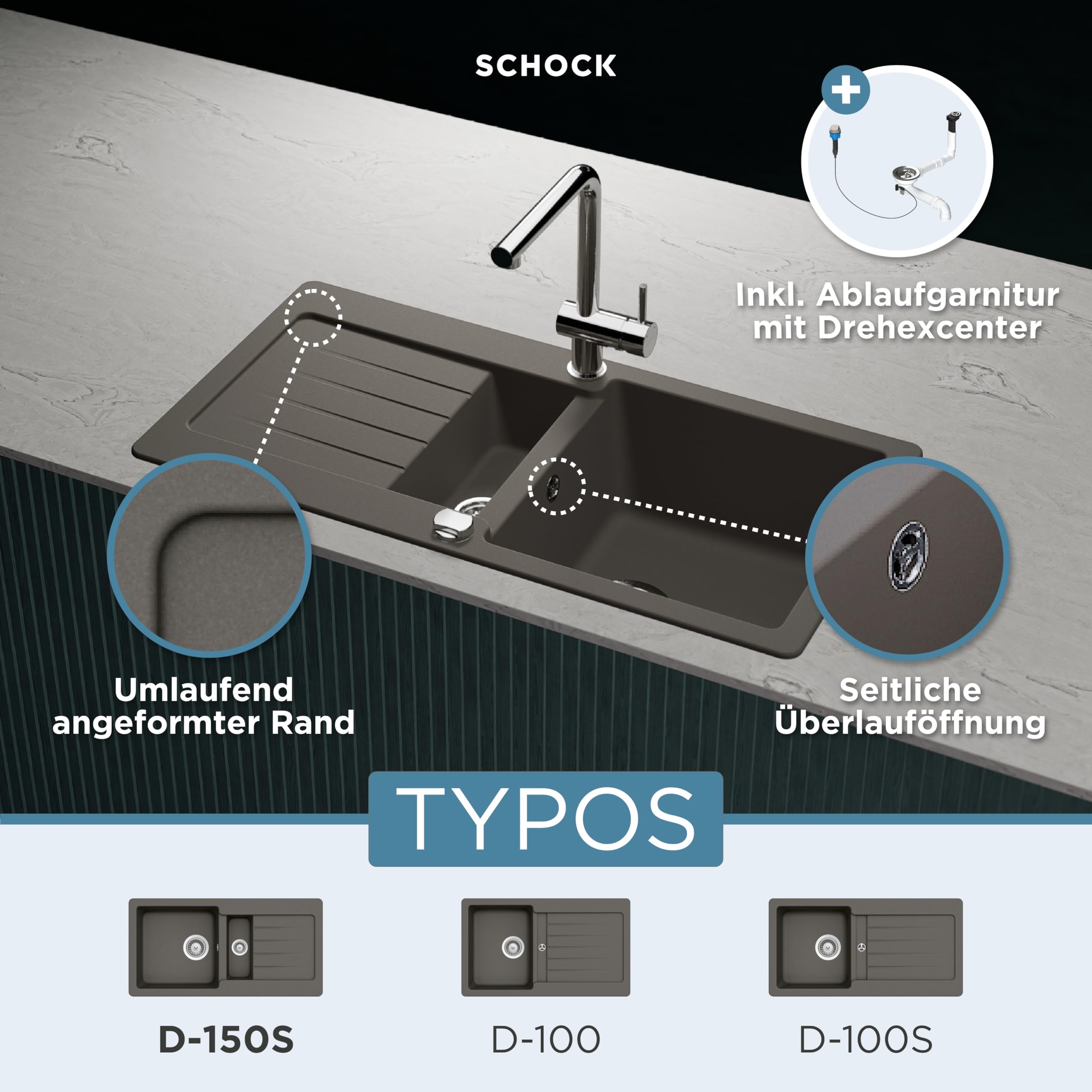 SCHOCK Küchenspüle Typos D-150S Asphalt 86x43,5 cm | Granitspüle aus CRISTALITE Grau mit Becken und Abtropffläche | Einbauspüle für 60 cm Unterschrank | Pflegeleicht und robust durch Quarzkomposit