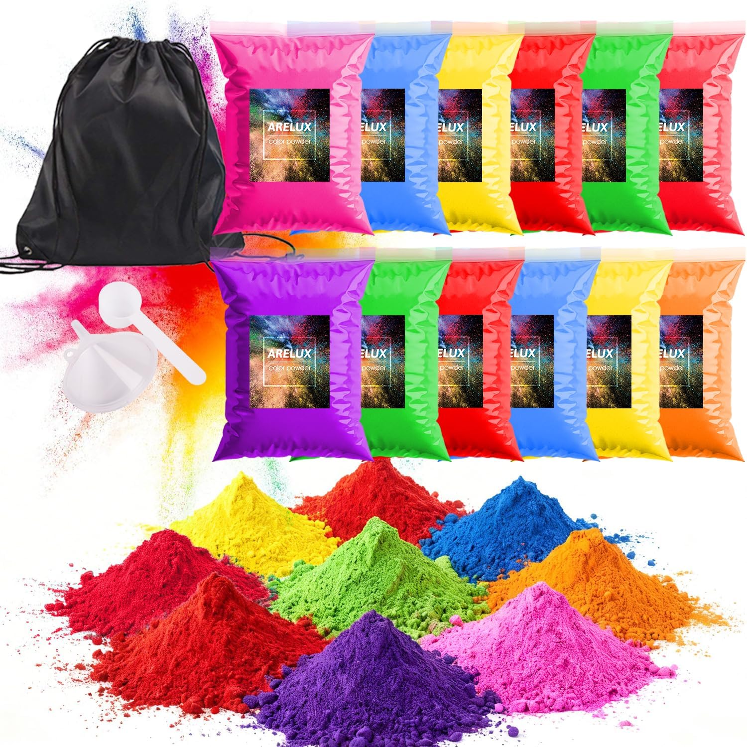 ARELUX Holi Color Run Powder 12 Pack 2.8oz/80g Each Natural Assorted Color Rangoli Powder Bulk, Washable Chalk Paint for Color War, Rangoli, Fun Run, Party & Festival