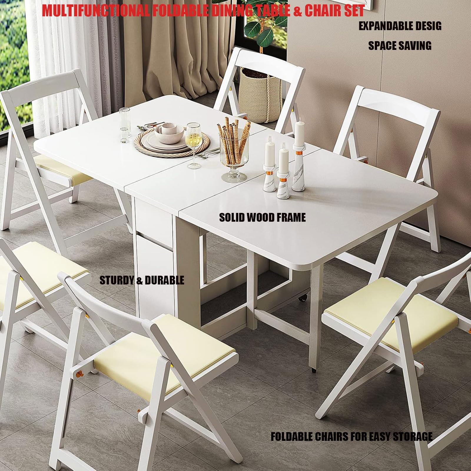 HiFi Rack Audio Regal Klapptisch esstisch, Vielseitiger Klapptisch Küche, mit Rollen und 4 Stühlen, Mobiler Esszimmertisch Ausziehbar für Esszimmer, Wohnzimmer(White)