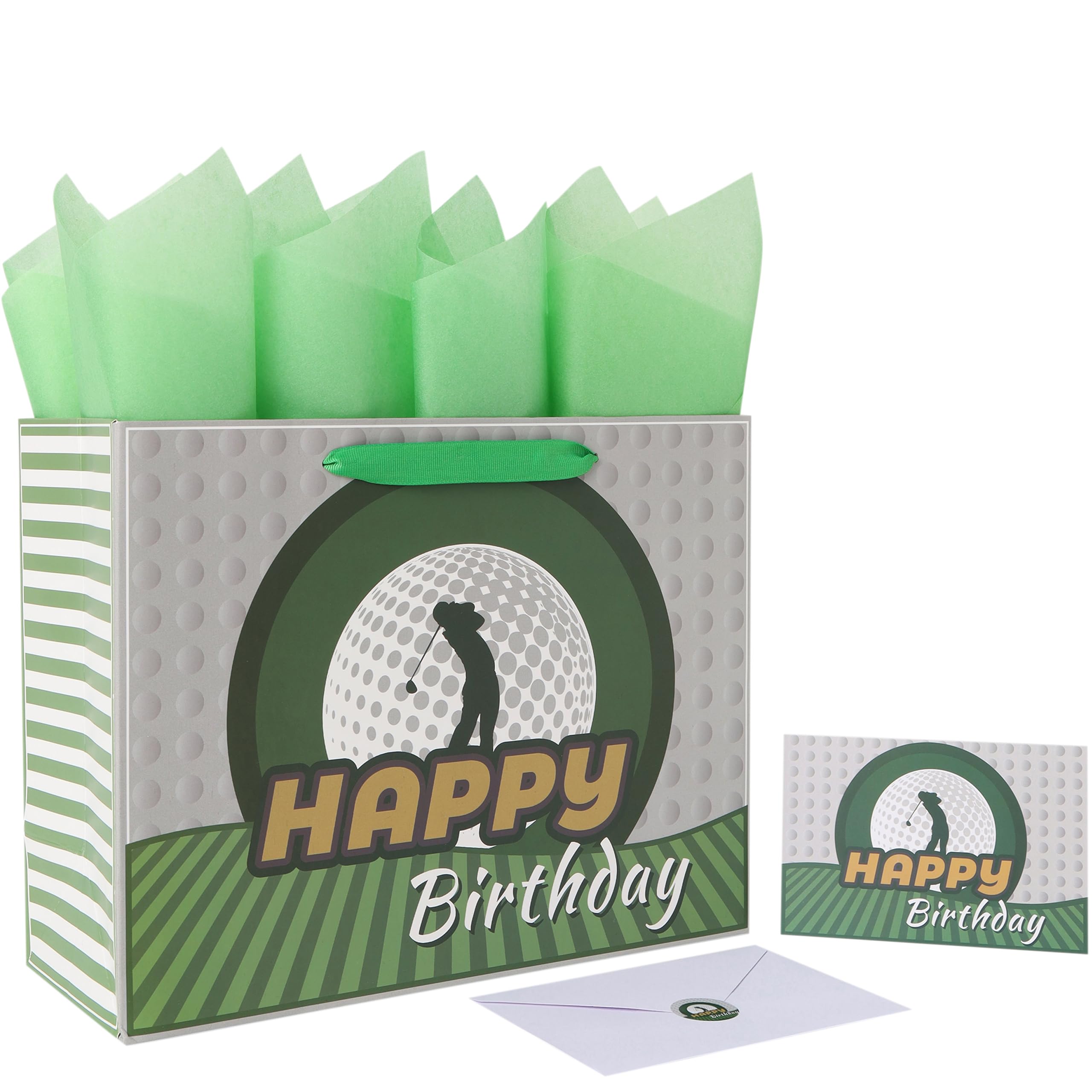 13” Large Golf Birthday Gift Bag Set with Handles, Greeting Card, Blue Tissue Papers for Men Boys Golfers for Golf Party Favors, Sports Themed Design, 1 Pcs