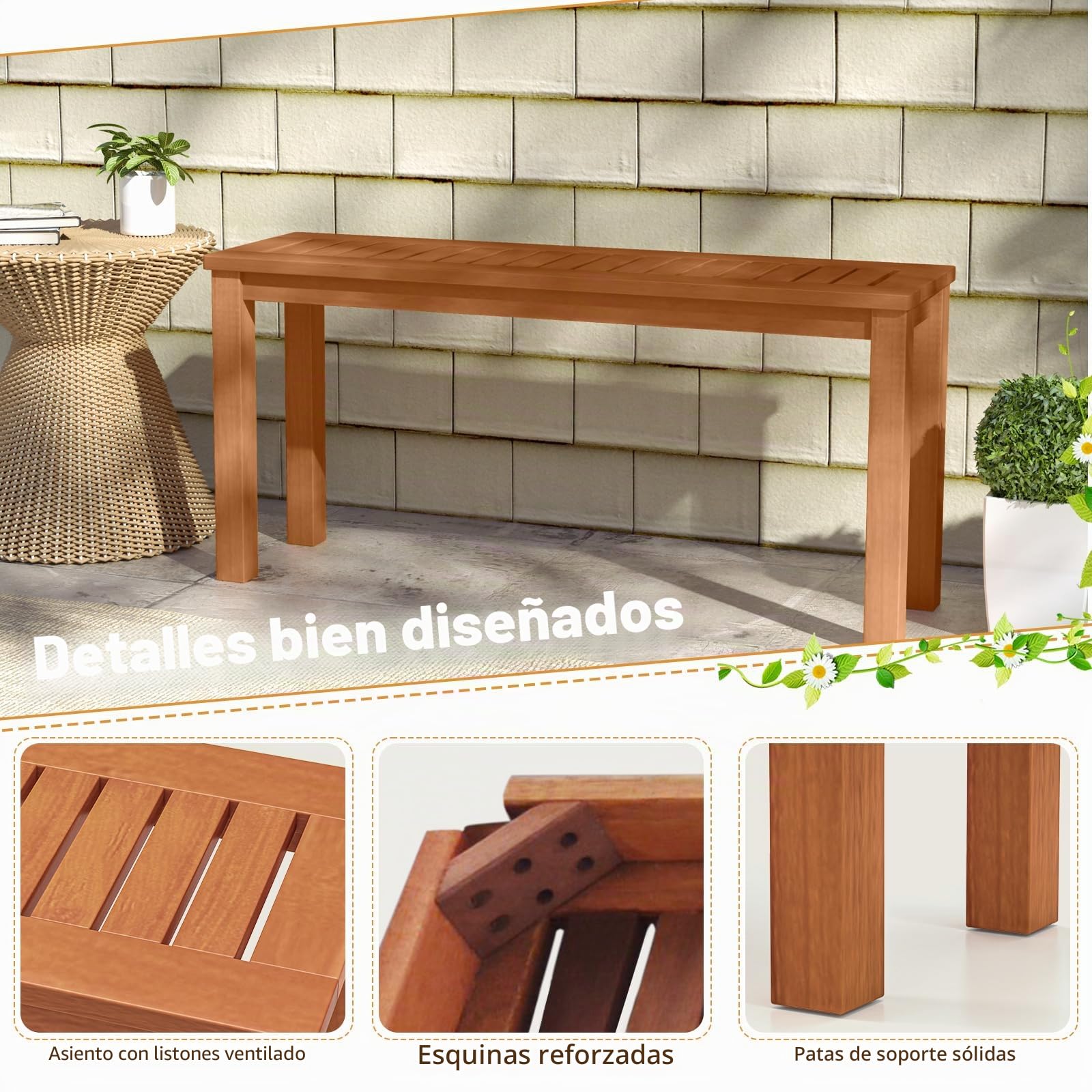 KOMFOTTEU Banco de Jardín de Madera para 2 Personas, 100 x 31 x 47 cm | Banco para Exterior, Asiento de Listones con Acabado de Aceite de Teca, para Patio, Porche