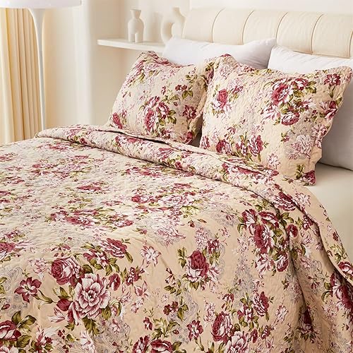 Cmfshape Colcha acolchada floral de verano, juego de edredón rojo romántico, funda de cama reversible cosida para todas las estaciones, colcha suave