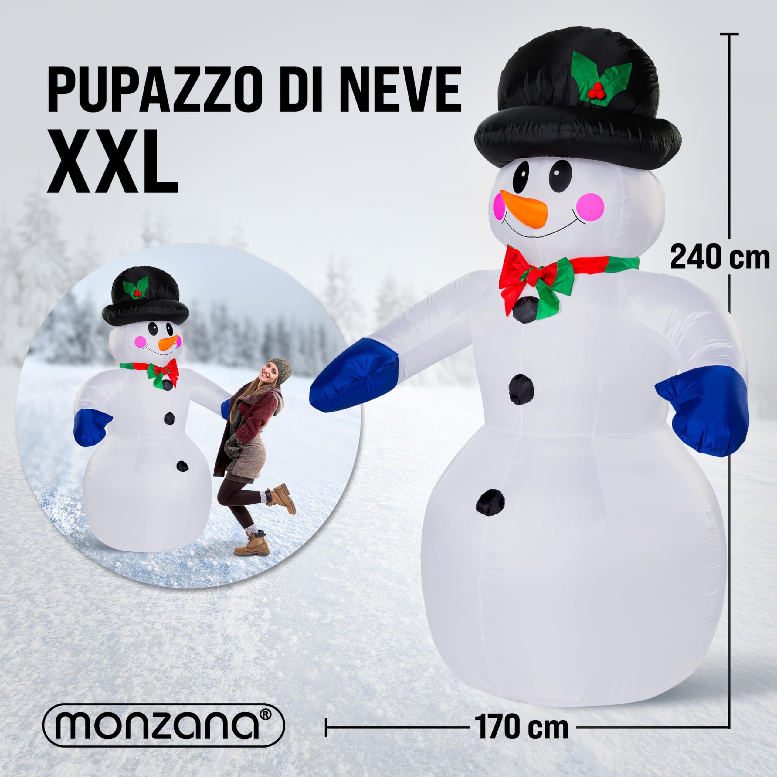 MONZANA® Pupazzo di Neve Gonfiabile XXL 240cm Luci LED Decorazione Natalizia Giardino Addobbi Natale Esterni Interni
