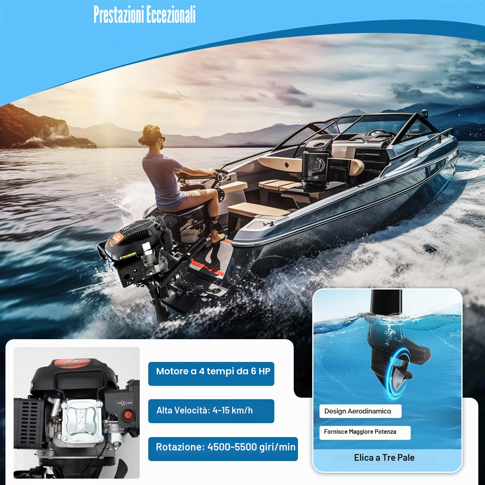 Motore fuoribordo a 4 tempi, 6 CV, 140 cc, raffreddato ad aria, per gommoni, barche da pesca, con avviamento manuale e sterzo a 360°