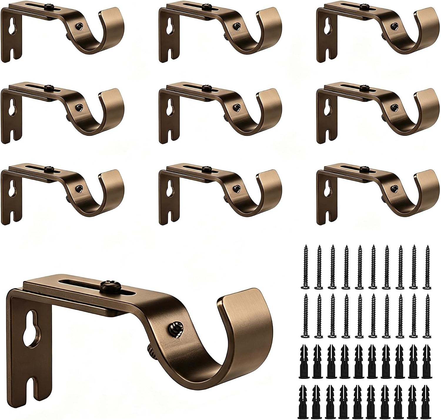 10 Pcs Curtain Rods Brackets,Adjustable Drapery Rod Holders Hooks for 1 Inch Window Curtain Rod, Wall Mount Rods Hangers Bracket Hooks with Screws & Anchor,Brown