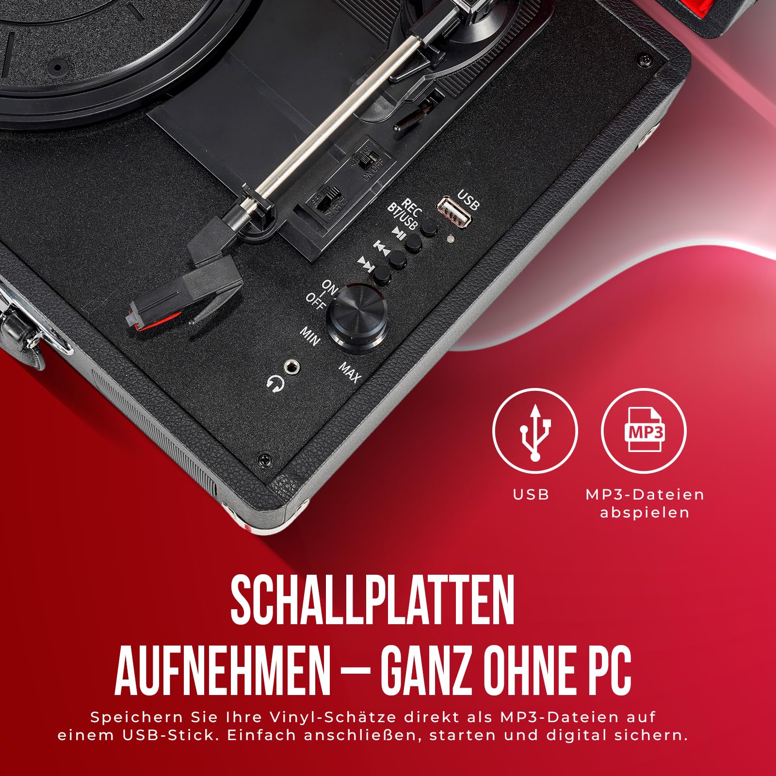 Reflexion HIF1979BT Retro Plattenspieler mit Bluetooth 5.1, MP3-Aufnahme auf USB, Lautsprecher, AUX, 3 Geschwindigkeiten, tragbarer Koffer-Turntable in Holzoptik mit Leder-Design