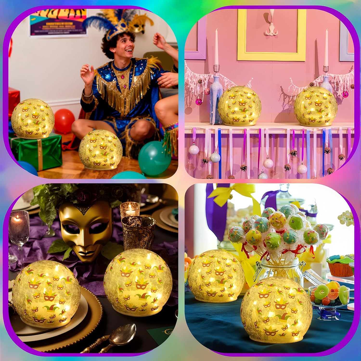 Tujoe 2 Pcs Mardi Gras Crackle Glass Globe Decor 4" Carnival Ball Lamp Night Lights with LED Timer Battery Operated Lighted Decorative for Bedroom Living Room Kitchen Garden Table Centerpiece Gift