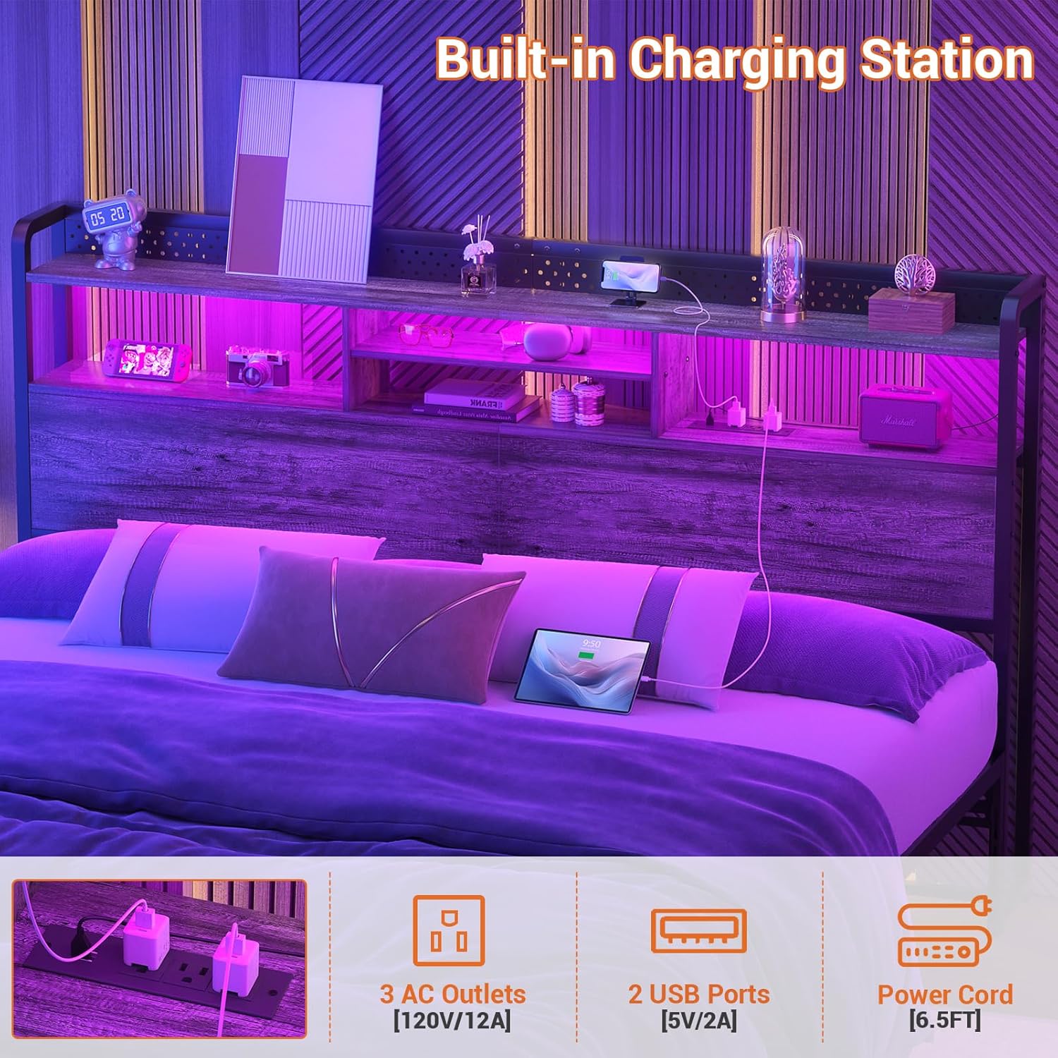 Close-up of the Unikito headboard's built-in charging station with 3 AC outlets and 2 USB ports