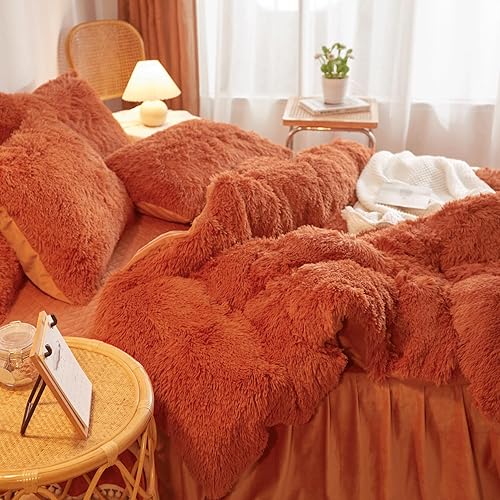 Miniatura 4 de Juego de funda de edredón de color naranja quemado esponjoso, tamaño Queen, ropa de cama de pelo sintético naranja quemado de 3 piezas (1 funda de