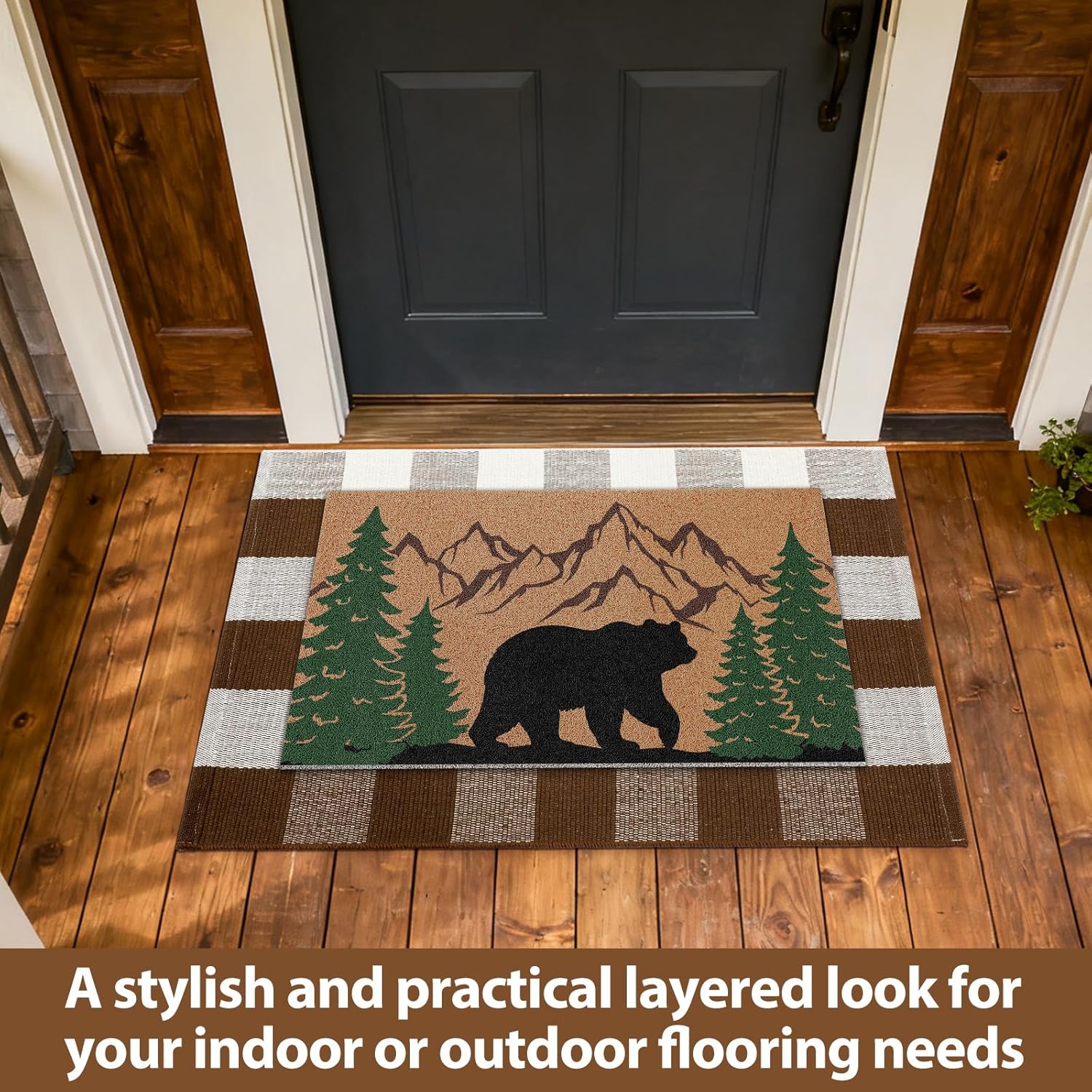 2 Pcs Rustic Bear Welcome Doormat for Front Door 18" x 30" with Brown White Buffalo Plaid Mat 24" x 35" Non-Slip Washable Rustic Cabin Area Rug for Farmhouse Country Outdoor Porch Entryway Decor