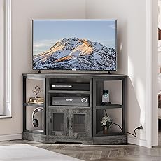 DWVO Farmhouse Corner TV Stand for Living Room, TV Stand for 55 Inch TV, Entertainment Center with Storage and Power Outlet, TV Console Cabinet, Grey Oak