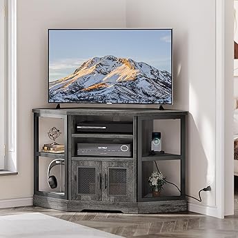 DWVO Farmhouse Corner TV Stand for Living Room, TV Stand for 55 Inch TV, Entertainment Center with Storage and Power Outlet, TV Console Cabinet, Grey Oak