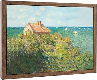 PHOENIX Claude Monet Wall Art Decor Framed Floating Canvas Seaside Cottage Sailboats Impressionist Beach House for Living Room Bedroom Office 12X16 Inch